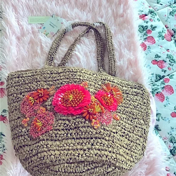 New Summer Vacay Beach Tan and Pink Floral Tote Bag with Woven Texture Handmade